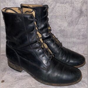 Frye Melissa Lace Up Short Boots Black Leather Roper 8.5 Combat Side Zip Up Vntg